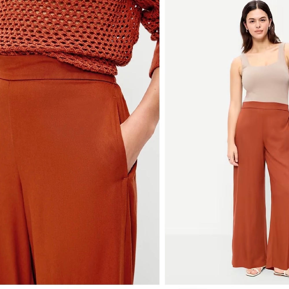 Old Navy Playa High-Waisted Wide-Leg Pants Red (Cherry Birch) Drapey Twill Sz LP
